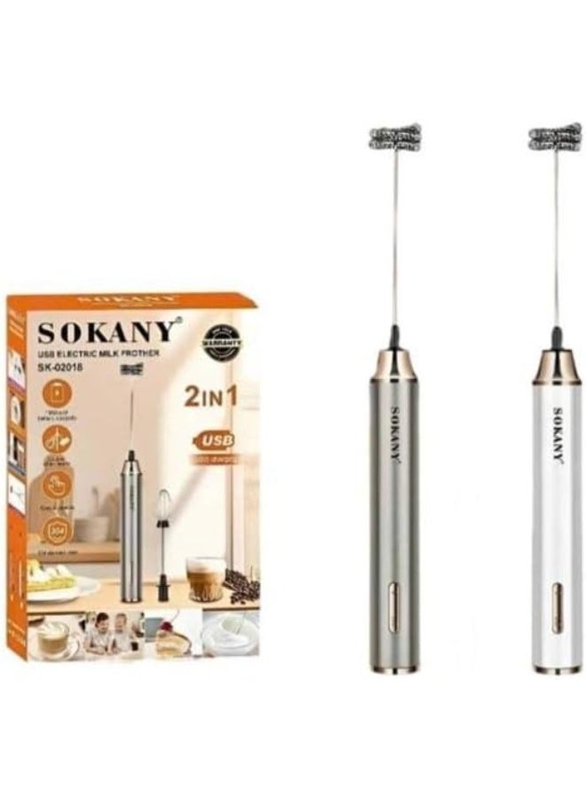 سوكاني مضرب بيض وفوم حليب سوكاني 2 في 1 بشحن USB - موديل SK-02018 - بطارية قوية 1200mAh - مزود برأسين من الستانلس ستيل 304 و3 سرعات قابلة للتعديل - سيلفر/أبيض - Image 1