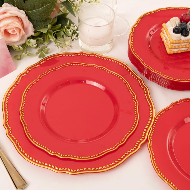 Hioasis 60pcs Red Plastic Plates - Red and Gold Disposable Plates  10.25 inch Plastic Dinner Plates  Perfect for Wedding & Party & Holiday - Image 1