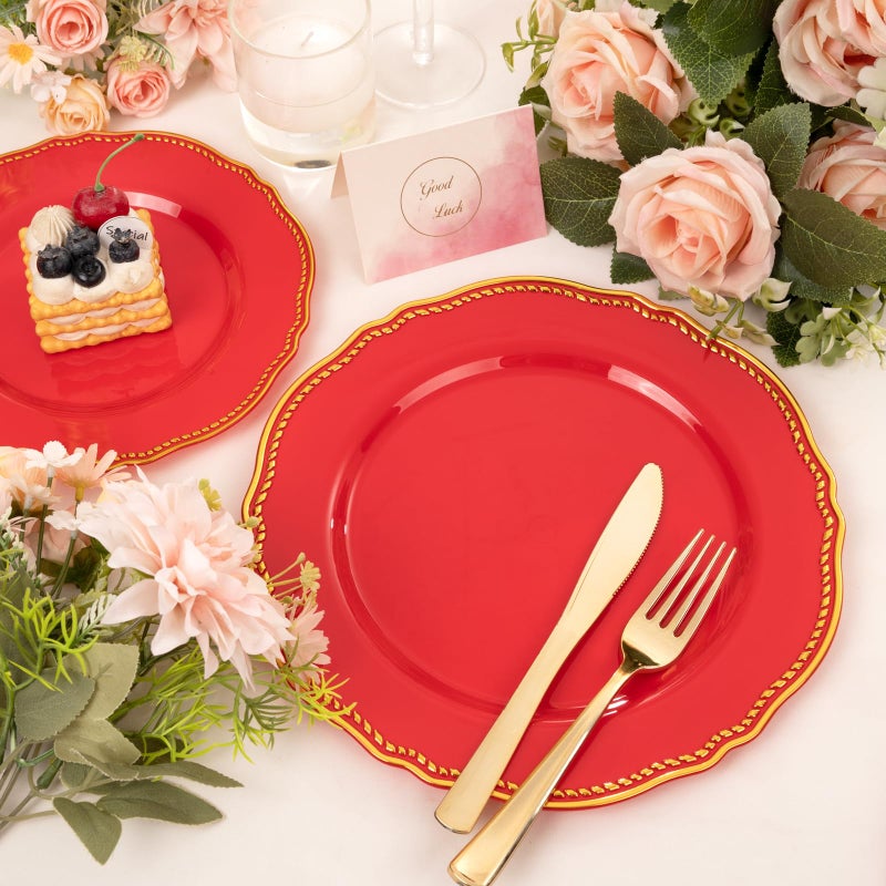 Hioasis 60pcs Red Plastic Plates - Red and Gold Disposable Plates  10.25 inch Plastic Dinner Plates  Perfect for Wedding & Party & Holiday - Image 2