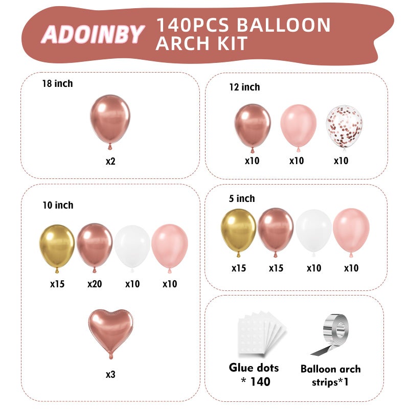 ADOINBY Rose Gold Balloons Arch Kit, 140Pcs Metalic Rose Gold Metallic Gold White Pink with Confetti Balloons for Bridal Shower Baby Shower Bachelorette Birthday Wedding Girl Anniversary Decorations - Image 2