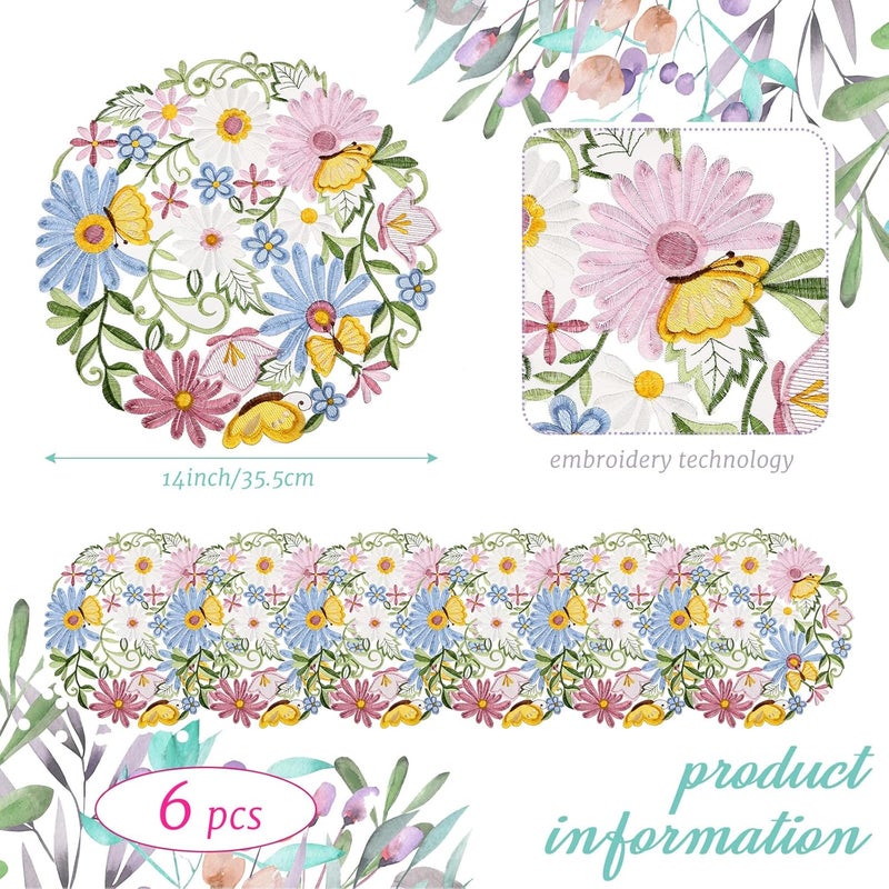 Tudomro 14'' Spring Round Placemats Floral Embroidered Placemat Doilies for Table Daisy Table Placemat for Home Dining Holiday Kitchen Table Decoration(Flower Style, 6 Pcs) - Image 2