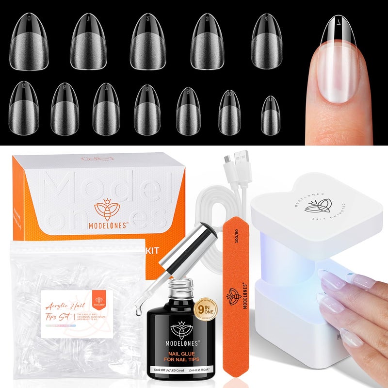 modelones modelones Gel Nail Kit Short Almond Gel Nail Tips, 9-in-One Nail Glue with Portable U V Nail Lamp, 216Pcs 12Sizes Press On Acrylic False Nails Tip Nail Extension DIY Nails Art Gift for Women 
