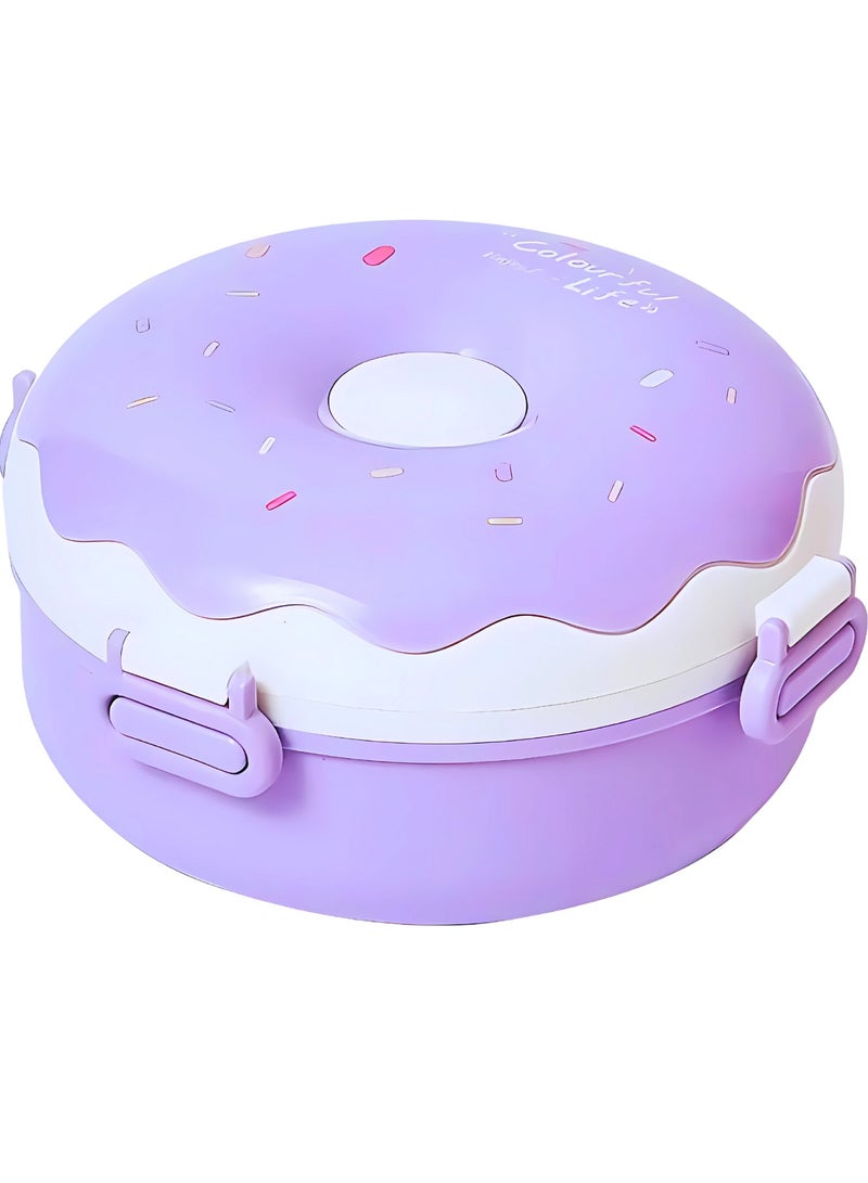 تويسو صندوق غداء Twisoo Donut من الفولاذ المقاوم للصدأ مكون من طابقين ومضاد للتسرب ومزود بمشبك و3 أقسام مع ملعقة - للأطفال والمدرسة وصندوق الوجبات الخفيفة (أرجواني) - Image 1