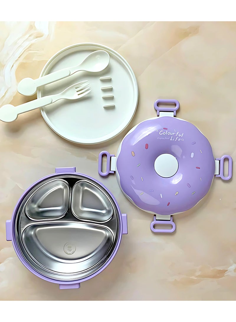 تويسو صندوق غداء Twisoo Donut من الفولاذ المقاوم للصدأ مكون من طابقين ومضاد للتسرب ومزود بمشبك و3 أقسام مع ملعقة - للأطفال والمدرسة وصندوق الوجبات الخفيفة (أرجواني) - Image 3