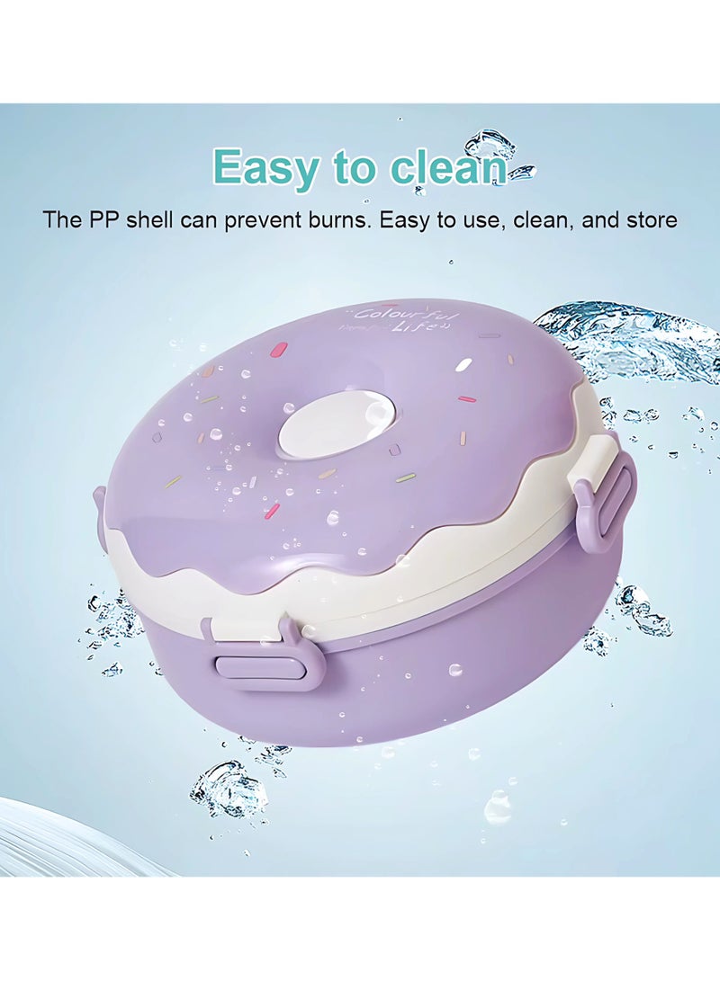 تويسو صندوق غداء Twisoo Donut من الفولاذ المقاوم للصدأ مكون من طابقين ومضاد للتسرب ومزود بمشبك و3 أقسام مع ملعقة - للأطفال والمدرسة وصندوق الوجبات الخفيفة (أرجواني) - Image 5