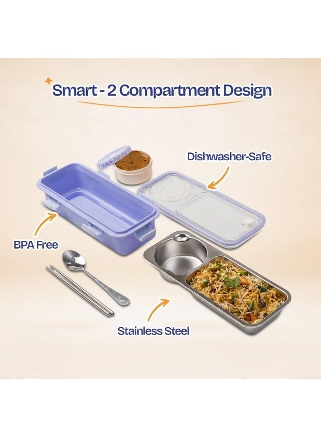Twisoo Stainless Steel 304 Lunch Box with Gravy Container, 2 Compartment Leakproof Tiffin Box, BPA-Free Food Storage for Kids, School, Office & Travel - Image 2