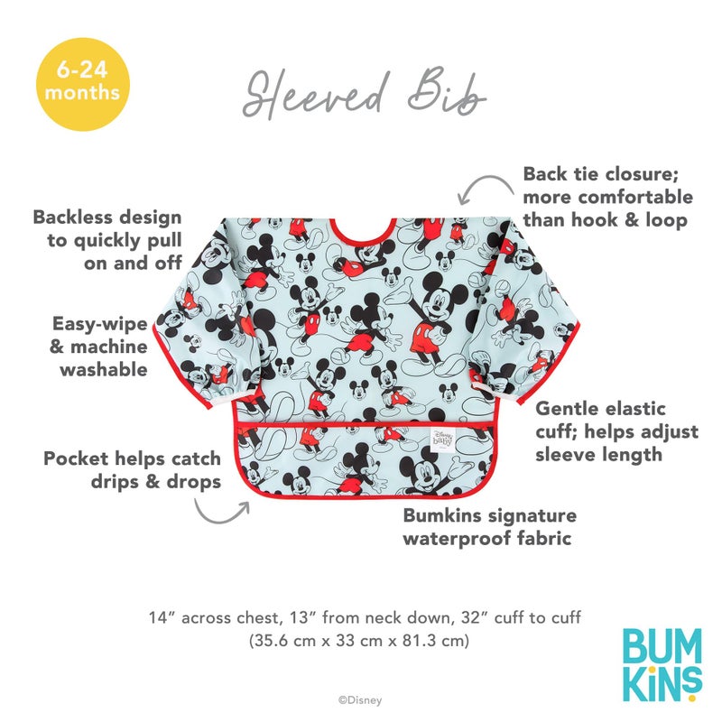 Bumkins Disney Bibs, Baby and Toddler Girls and Boys 6-24 Months, Long Sleeve, Essential Must Have for Eating, Feeding, Mess Saving Lightweight Waterproof Fabric Sleeved Smock, Mickey Mouse Classic - Image 5