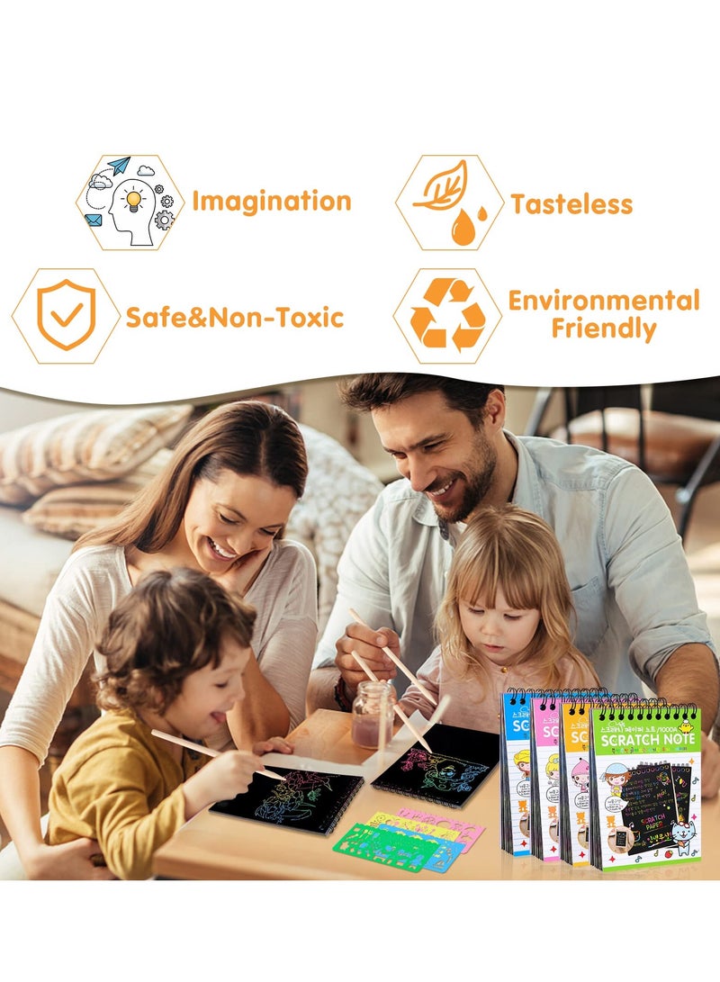 Barakah 24 Pack Scratch Arts and Crafts Notebooks, Scratch Note Pads for Kids, Paper with 24 Wooden Stylus and 4 Drawing Stencils, Kids Birthday Party Favors Game Gift - Image 5