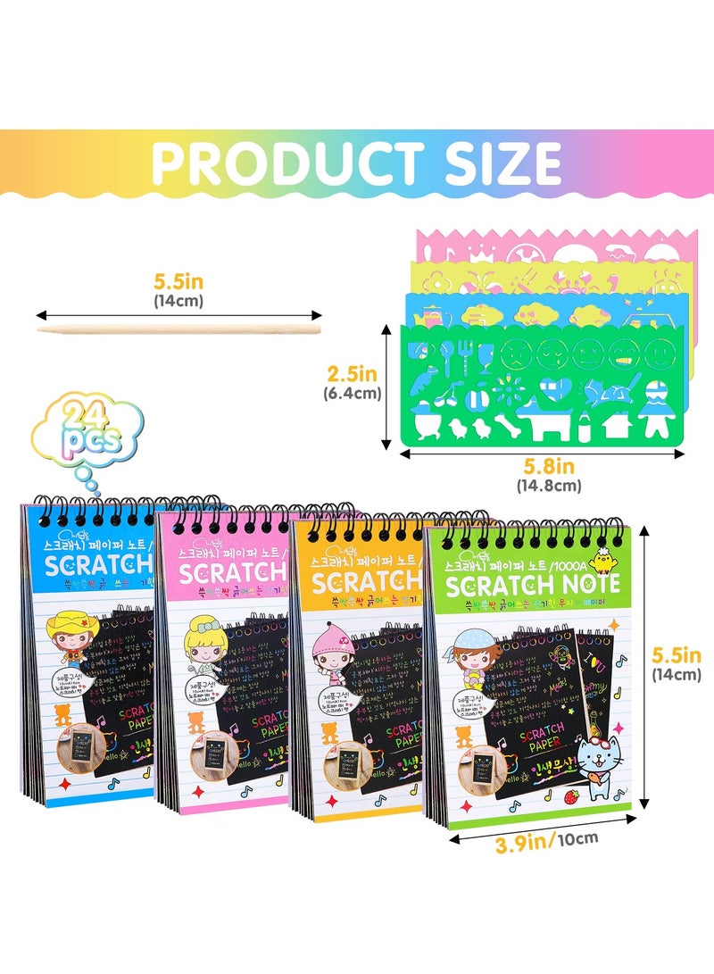 Barakah 24 Pack Scratch Arts and Crafts Notebooks, Scratch Note Pads for Kids, Paper with 24 Wooden Stylus and 4 Drawing Stencils, Kids Birthday Party Favors Game Gift - Image 2