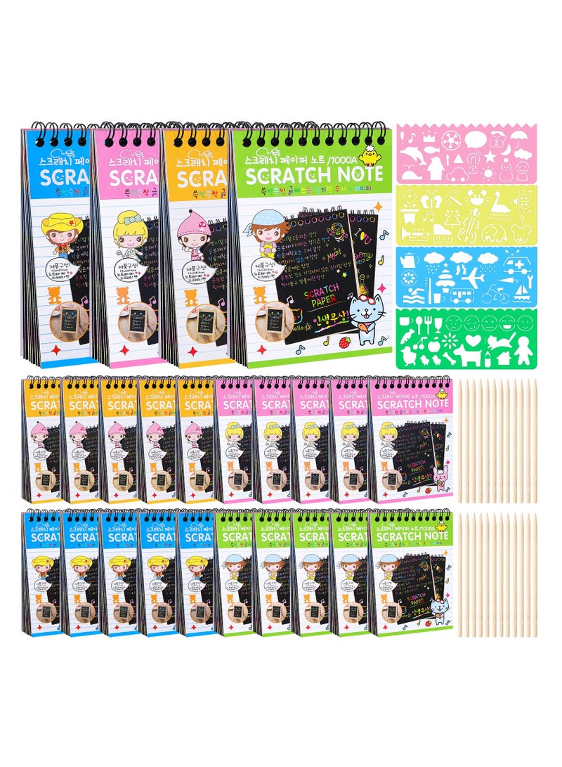 Barakah 24 Pack Scratch Arts and Crafts Notebooks, Scratch Note Pads for Kids, Paper with 24 Wooden Stylus and 4 Drawing Stencils, Kids Birthday Party Favors Game Gift - Image 1