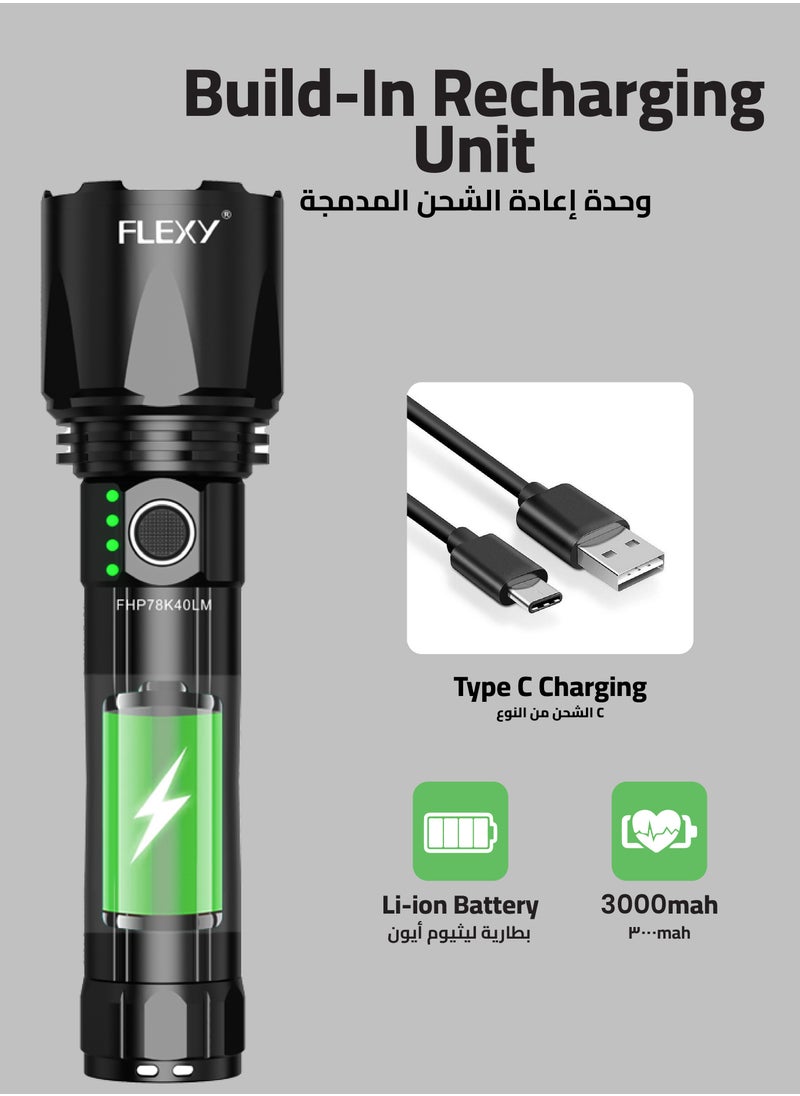 Flexy - FLEXY Rechargeable LED Flashlight: CREE LED, 1500LM, 40W, 2800M Coverage, Zooming Illumination, 4000mAh Battery, 4-9 Hours Operation, 3-Hour Charge, 2-Year Warranty - Long-Lasting Performance! - Image 1