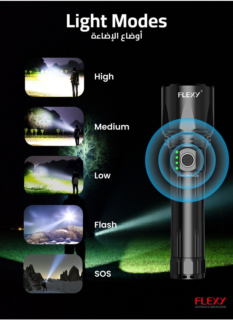 Flexy - FLEXY Rechargeable LED Flashlight: CREE LED, 1500LM, 40W, 2800M Coverage, Zooming Illumination, 4000mAh Battery, 4-9 Hours Operation, 3-Hour Charge, 2-Year Warranty - Long-Lasting Performance! - Image 1