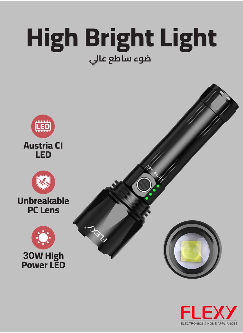 Flexy - FLEXY Rechargeable LED Flashlight: CREE LED, 1500LM, 40W, 2800M Coverage, Zooming Illumination, 4000mAh Battery, 4-9 Hours Operation, 3-Hour Charge, 2-Year Warranty - Long-Lasting Performance! - Image 1