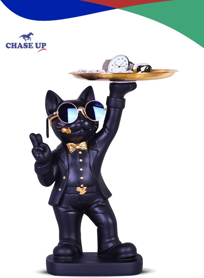 تشيس اب تمثال قطة مضحك مقاس 11.8 بوصة مع صينية تخزين، وعاء حلوى على شكل مفتاح منحوت لطيف لغرفة المعيشة والمكتب والمدخل، هدية مناسبة لمحبي القطط (أسود) - Image 1