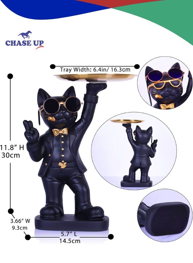 تشيس اب تمثال قطة مضحك مقاس 11.8 بوصة مع صينية تخزين، وعاء حلوى على شكل مفتاح منحوت لطيف لغرفة المعيشة والمكتب والمدخل، هدية مناسبة لمحبي القطط (أسود) - Image 3