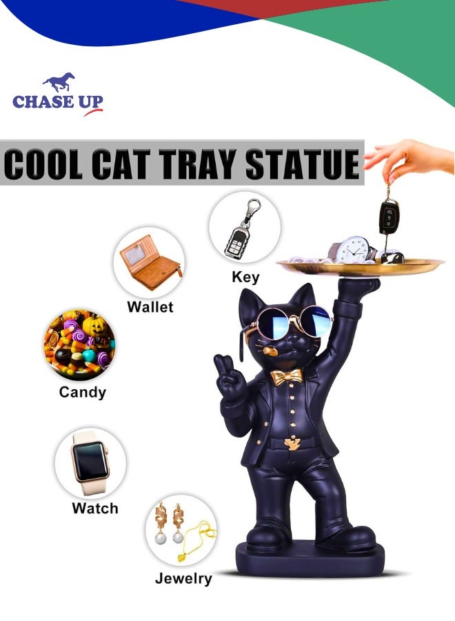 تشيس اب تمثال قطة مضحك مقاس 11.8 بوصة مع صينية تخزين، وعاء حلوى على شكل مفتاح منحوت لطيف لغرفة المعيشة والمكتب والمدخل، هدية مناسبة لمحبي القطط (أسود) - Image 2