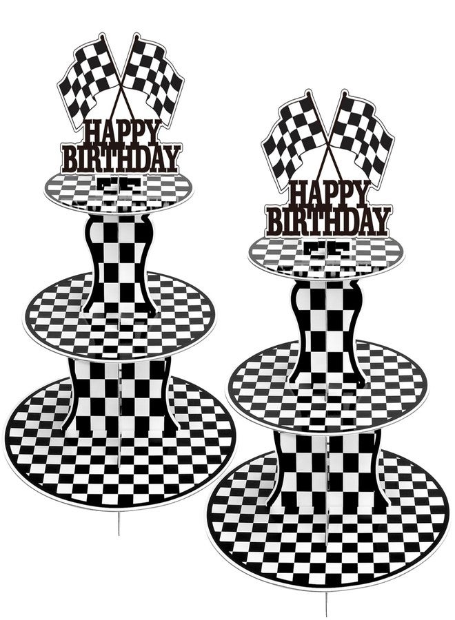 BACUTHY 2 Pack Race Car Cupcake Stands Birthday Party Supplies, Two Fast Cars Decorations Truck Theme Favors - 3 Tier Cardboard Cup Cake Holder Tower - Image 1