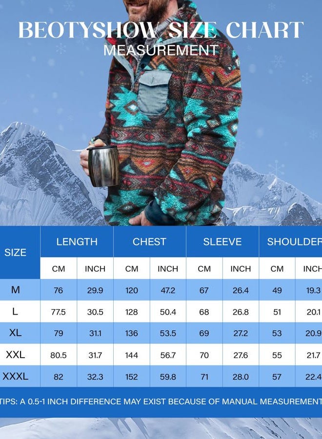 Beotyshow Mens Aztec Fleece Jackets Fuzzy Sherpa Sweatshirts Button down Pullover Coats Western Vintage Sweaters with Pocket, Green, Small - Image 5