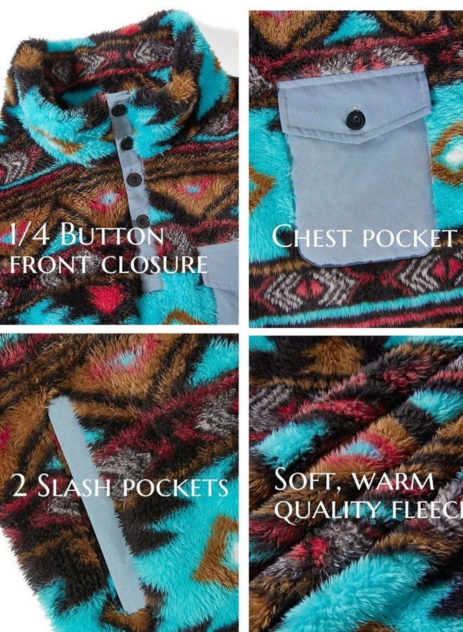 Beotyshow Mens Aztec Fleece Jackets Fuzzy Sherpa Sweatshirts Button down Pullover Coats Western Vintage Sweaters with Pocket, Green, Small - Image 4