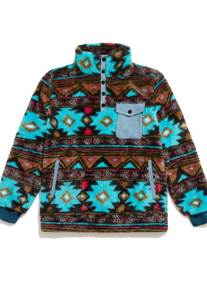 Beotyshow Mens Aztec Fleece Jackets Fuzzy Sherpa Sweatshirts Button down Pullover Coats Western Vintage Sweaters with Pocket, Green, Small - Image 3