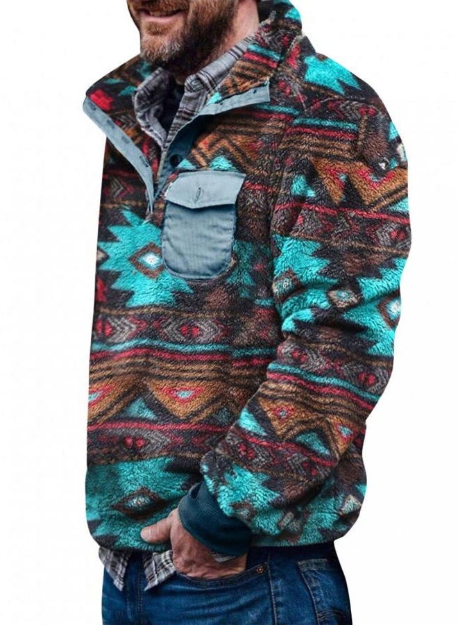 Beotyshow Mens Aztec Fleece Jackets Fuzzy Sherpa Sweatshirts Button down Pullover Coats Western Vintage Sweaters with Pocket, Green, Small - Image 1