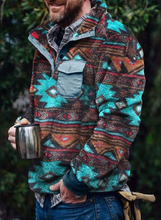 Beotyshow Mens Aztec Fleece Jackets Fuzzy Sherpa Sweatshirts Button down Pullover Coats Western Vintage Sweaters with Pocket, Green, Small - Image 2