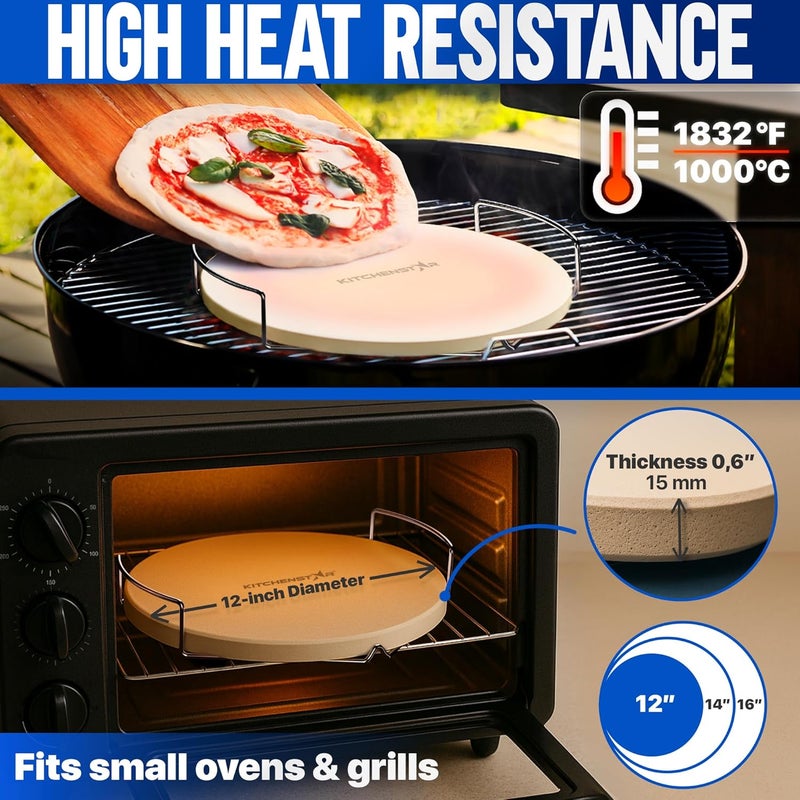 kitchen-star 12-inch Pizza Stone for Oven and BBQ Grill with Handles, Round, 5/8" Thick - Natural Cordierite, 1800 °F Resistant, Baking Stone Set with Stainless Steel Rack & Plastic Scraper Tool - Image 4
