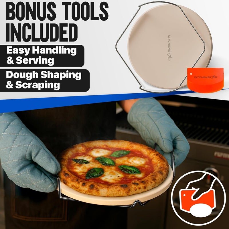 kitchen-star 12-inch Pizza Stone for Oven and BBQ Grill with Handles, Round, 5/8" Thick - Natural Cordierite, 1800 °F Resistant, Baking Stone Set with Stainless Steel Rack & Plastic Scraper Tool - Image 5
