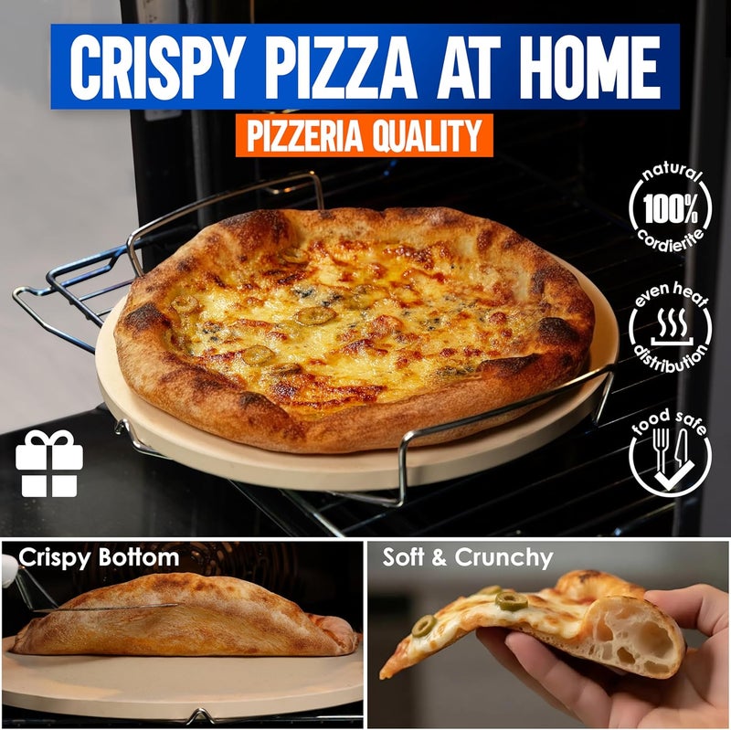 kitchen-star 12-inch Pizza Stone for Oven and BBQ Grill with Handles, Round, 5/8" Thick - Natural Cordierite, 1800 °F Resistant, Baking Stone Set with Stainless Steel Rack & Plastic Scraper Tool - Image 2