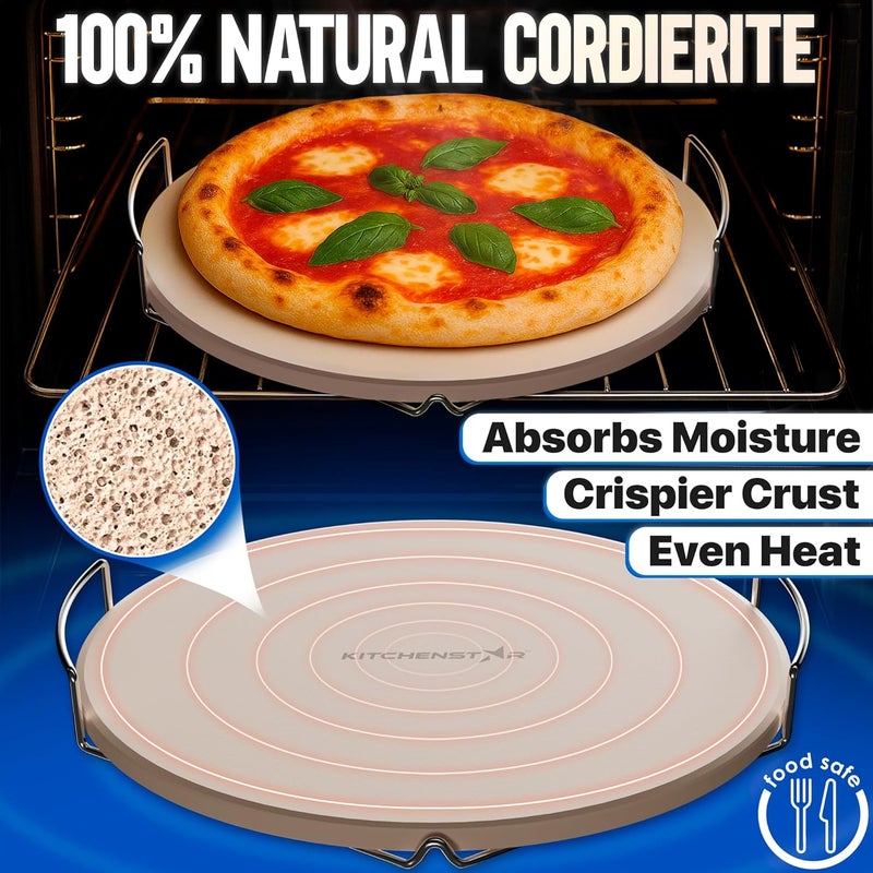 kitchen-star 12-inch Pizza Stone for Oven and BBQ Grill with Handles, Round, 5/8" Thick - Natural Cordierite, 1800 °F Resistant, Baking Stone Set with Stainless Steel Rack & Plastic Scraper Tool - Image 3