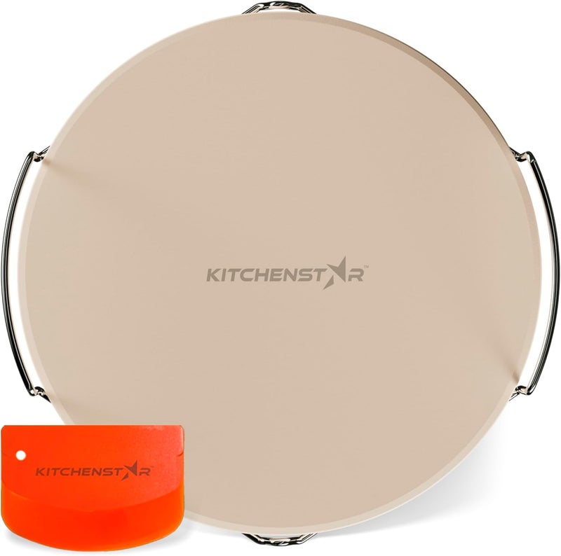 kitchen-star 12-inch Pizza Stone for Oven and BBQ Grill with Handles, Round, 5/8" Thick - Natural Cordierite, 1800 °F Resistant, Baking Stone Set with Stainless Steel Rack & Plastic Scraper Tool - Image 1