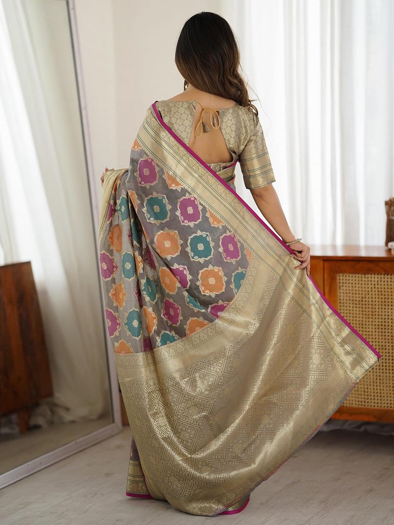 Satrani Women's Silk Weaving Saree with Unstitched Blouse Piece (4587S6901N_Grey) - Image 3