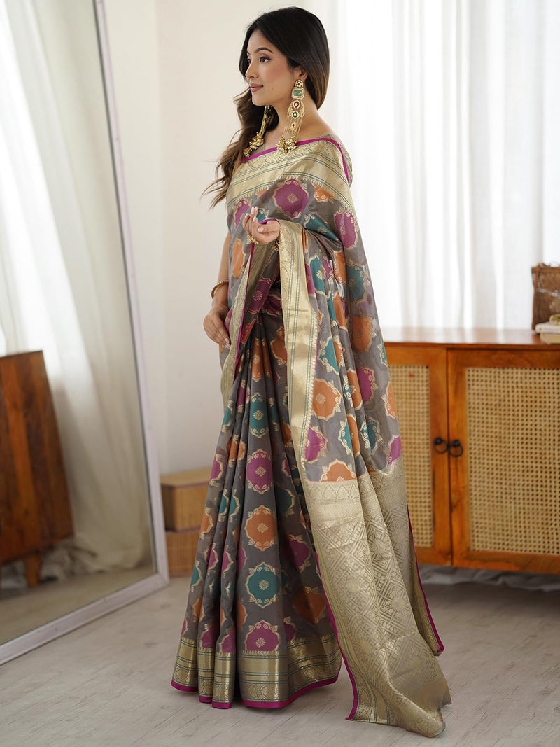 Satrani Women's Silk Weaving Saree with Unstitched Blouse Piece (4587S6901N_Grey) - Image 2