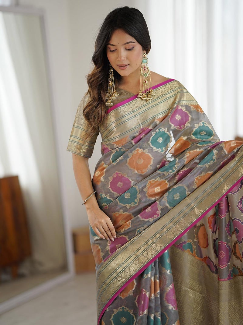 Satrani Women's Silk Weaving Saree with Unstitched Blouse Piece (4587S6901N_Grey) - Image 4