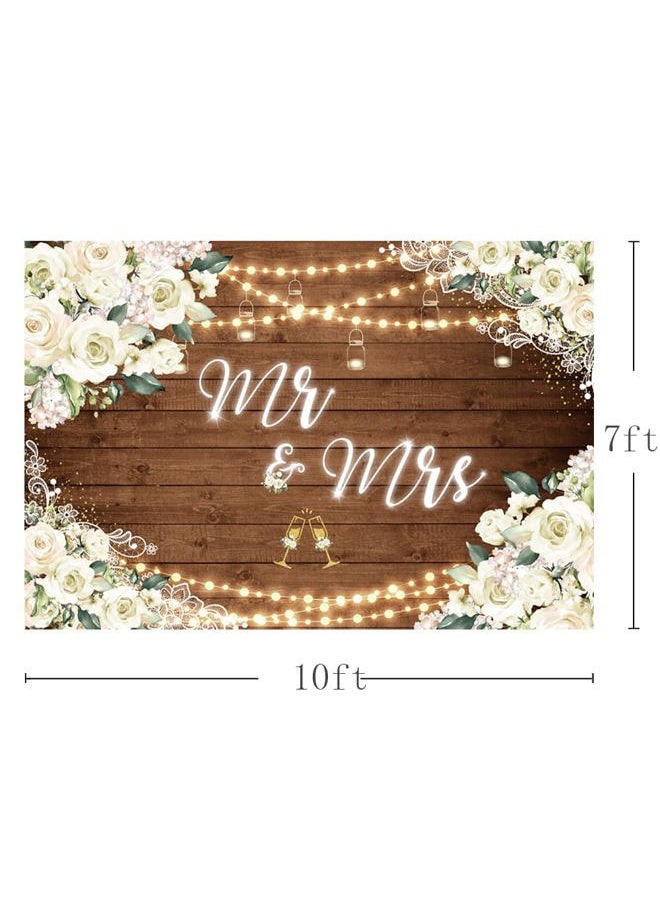 MEHOFOND 10x7ft White Floral Mr & Mrs Engagement Decorations Backdrop Couples Wedding Wooden Background Bride and Groom Engaged Ceremony Anniversary Bridal Shower Party Supplies Photobooth Props  - Image 4