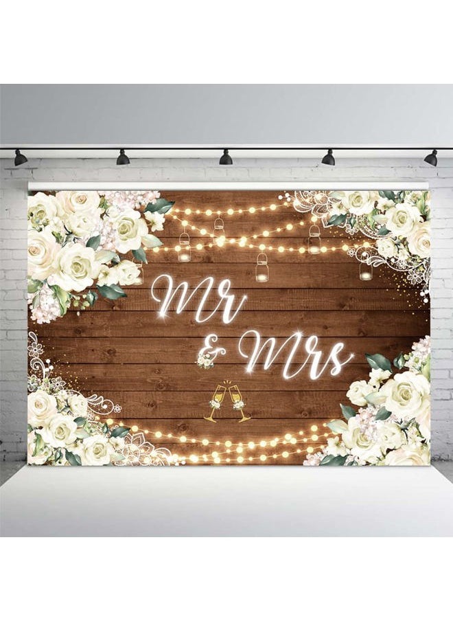 MEHOFOND 10x7ft White Floral Mr & Mrs Engagement Decorations Backdrop Couples Wedding Wooden Background Bride and Groom Engaged Ceremony Anniversary Bridal Shower Party Supplies Photobooth Props  - Image 1