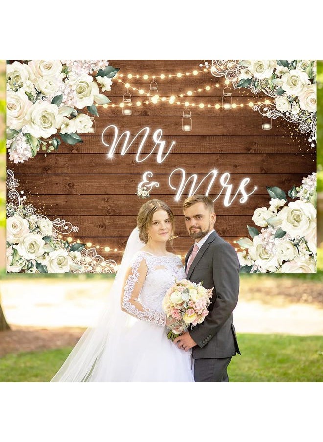 MEHOFOND 10x7ft White Floral Mr & Mrs Engagement Decorations Backdrop Couples Wedding Wooden Background Bride and Groom Engaged Ceremony Anniversary Bridal Shower Party Supplies Photobooth Props  - Image 2