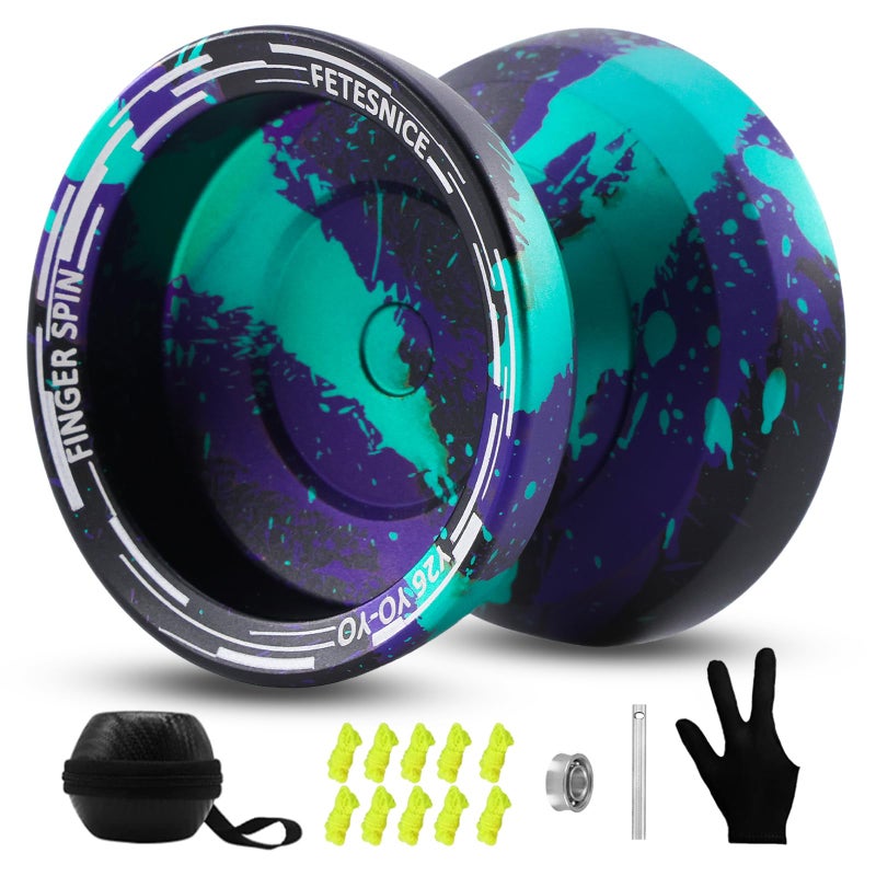 FETESNICE Y26 Professional Butterfly YoYo Dual Mode ResponsiveUnresponsive Finger Spin Yoyo for Kids Adults Competition Players Pro YoYo with 10 Strings Case GlovesBlack Green Purple - Image 3