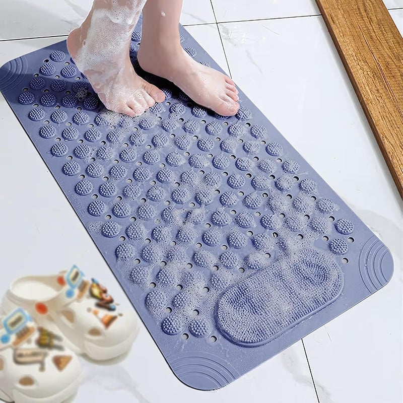 Non-Slip Bath Mat with Built-in Brush for Foot Scrubber - Safe Bathtub Mat with Drain Holes and Bubble Texture for Massage - Mildew Resistant and Quick Dry (Gray) - Image 1