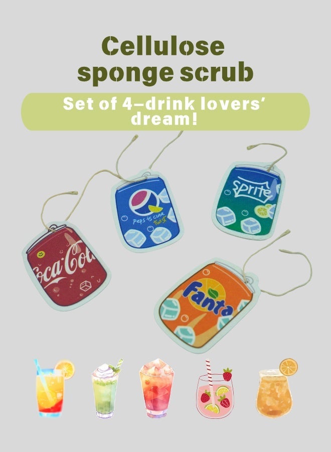 Beverage Design Cartoon Sponge 4 Pack - 18x8x2cm Compressed Wood Pulp, Soda Drink Theme Cleaning Sponges, Thickened Oil-Resistant Scrubber for Non-Scratch Cleaning - Image 3