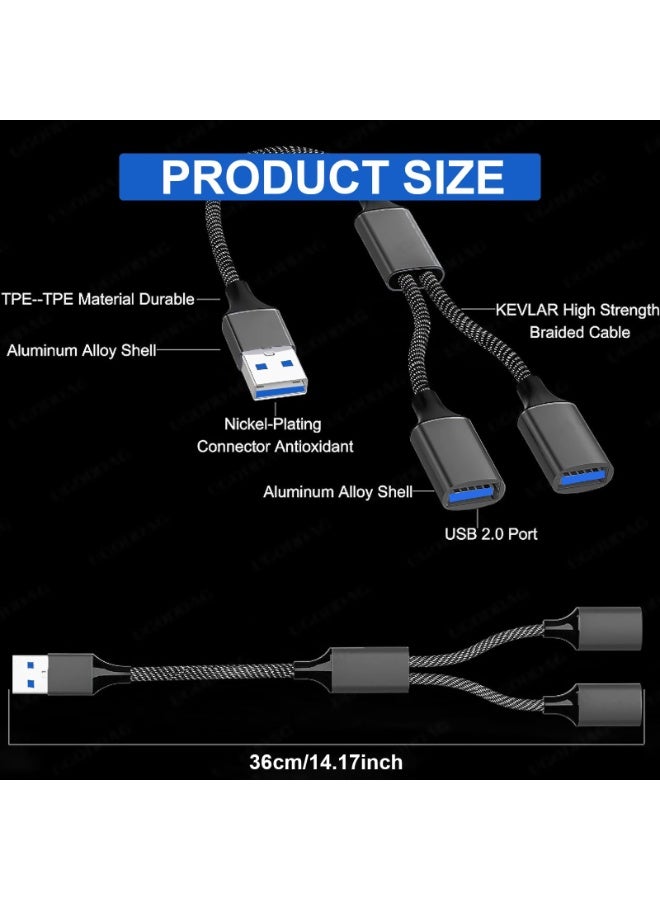 أوشيما مُقسِّم USB بمنفذين، مُقسِّم USB أسود، محول USB ثنائي من واحد إلى اثنين، موصل إلى محول كابل تمديد مزدوج، مناسب لجهاز الكمبيوتر المحمول والسيارة - Image 2