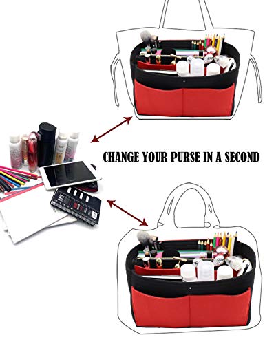 LEXSION Felt Purse Bag Organizer Insert with zipper Bag Tote Shaper Fit Speedy Neverful PM MM 8021 Black-red M - Image 5