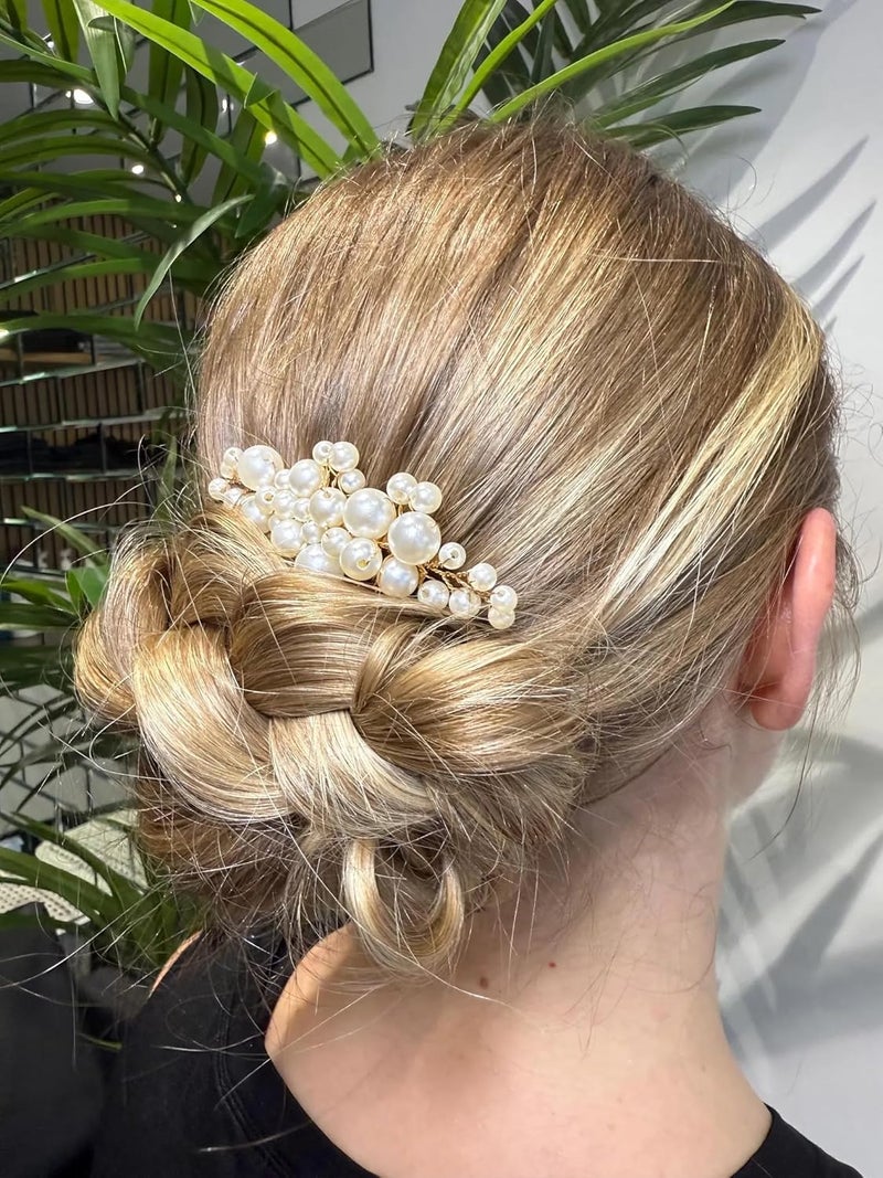 ZAVVU KRIZOUS Elegant Pearl Bridal Hair Comb Pins Gold Floral Hair Accessory for Brides Bridesmaids Juda Pin Bun Pin Wedding Jewelry for Women Bridal Pearls Hair Brooch 1 Piece - Image 3