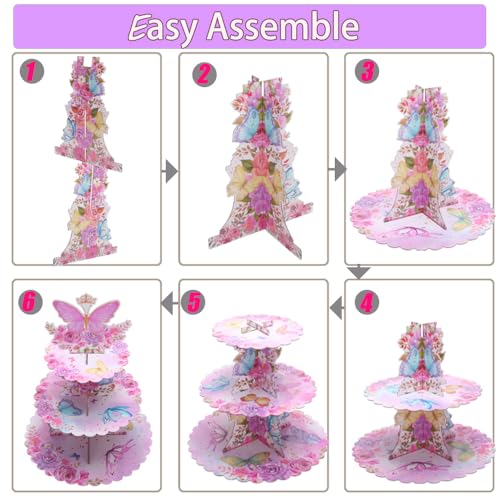 MRPAPA Buttleply 3 Tier Cupcake Tower,Pink Cardboard Cupcake Stand,2PCS Butterfly Cup Cake Holder Thick Paper Dessert Tray for Baby Girls Pink Birthday Baby Shower - Image 3