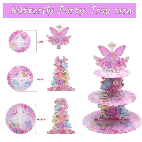 MRPAPA Buttleply 3 Tier Cupcake Tower,Pink Cardboard Cupcake Stand,2PCS Butterfly Cup Cake Holder Thick Paper Dessert Tray for Baby Girls Pink Birthday Baby Shower - Image 4