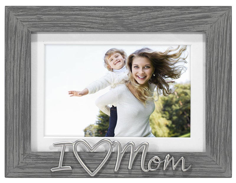 Malden International Designs 4x6 or 5x7 I Love Mom Distressed Expressions Picture Frame Silver Finish I Love Mom Word Attachment Gray Textured Wood Grain Finish MDF Frame White Beveled Mat