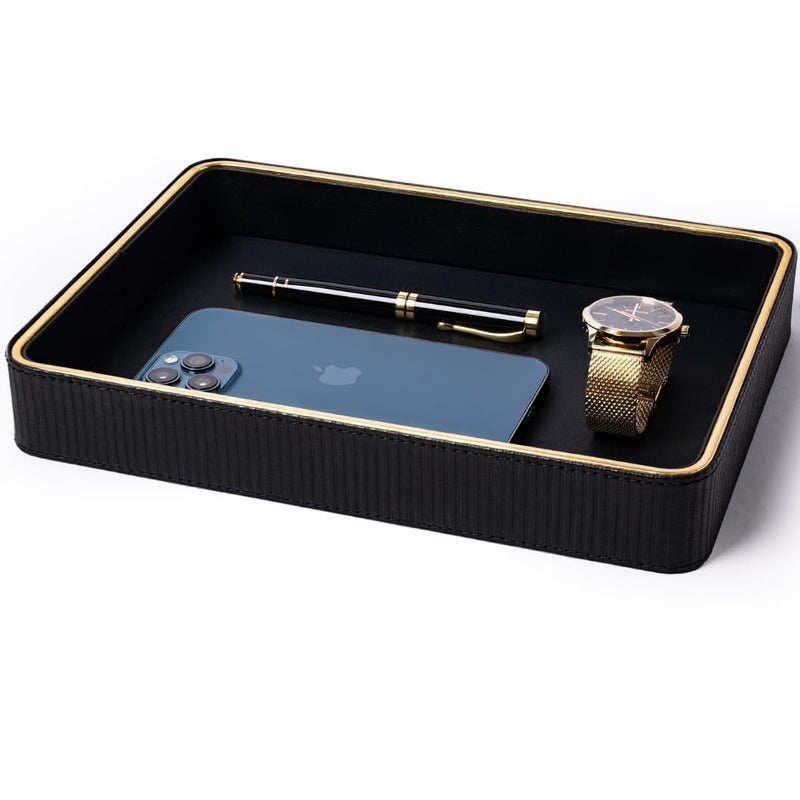 Black Leather Valet Tray for Men Mens Valet Catch All Trays Bedside Organizer for Nightstand Cologne Tray for Men Desk Trays