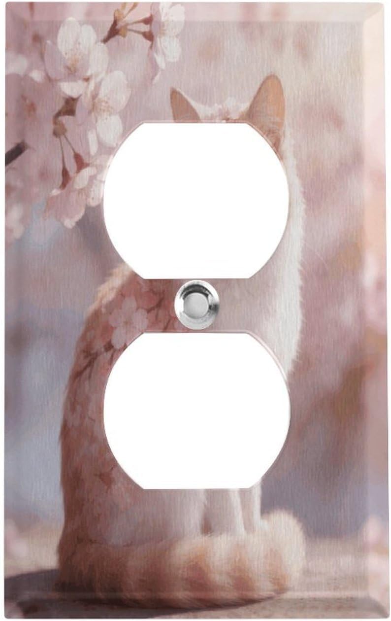 Pink Cherry Blossom Cat Metal Wall Plate，Standard Size,Switch Plate Outlet Cover,Light Switch Cover Plate for Electrical Outlets,Electrical Outlet Covers Plates for Receptacle Light Switch - Image 1
