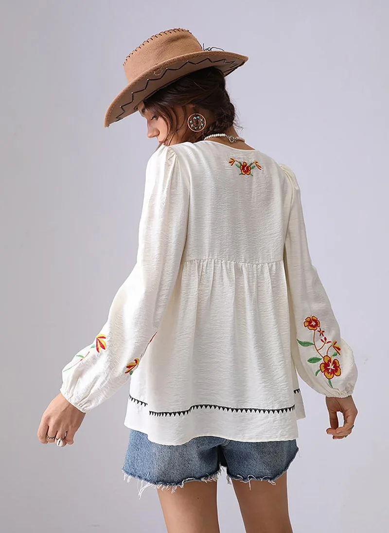 YUNIQEE Apricot V-Neck Long Sleeves A-Line Top