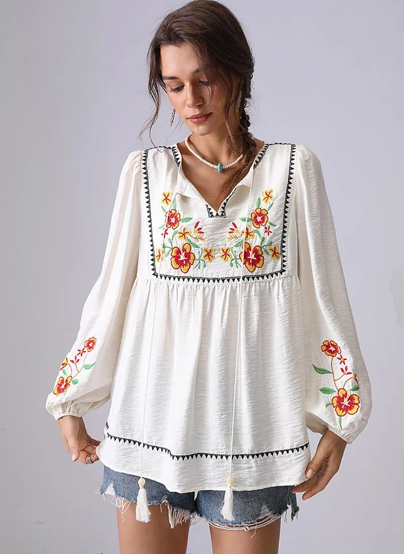 YUNIQEE Apricot V-Neck Long Sleeves A-Line Top